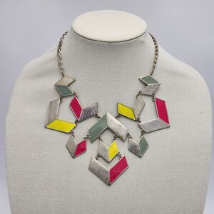 Geometric Aztec Bold Edgy Pink Yellow Statement Necklace Bib Silver Chain